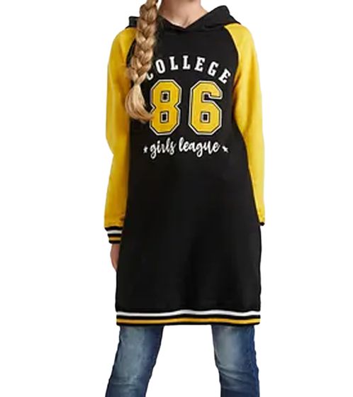 Moderno vestido infantil tipo sudadera con inscripción "College 86" en el centro del pecho. Camiseta con capucha para niña 967736 negro/amarillo.