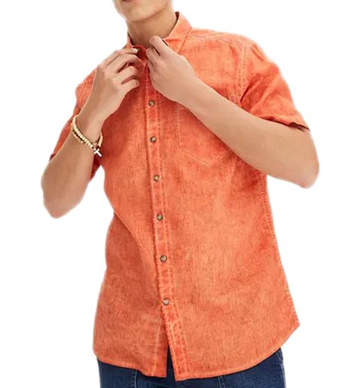 Herren Kurzarm-Hemd mit Leinenanteil Sommer-Hemd im Vintage Look Urlaubs-Shirt 954505 Orange