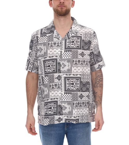 Chemise en viscose pour hommes, chemise à manches courtes, chemise d'été, chemise de vacances 935007 blanc/noir