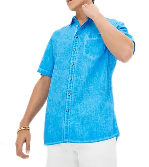 Herren Kurzarm-Hemd mit Leinenanteil Sommer-Hemd im Vintage Look Urlaubs-Shirt 913028 Blau