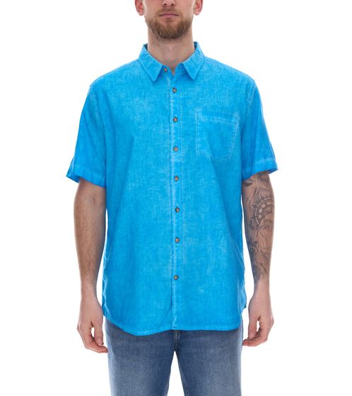 Camisa de manga corta para hombre con parte de lino, camisa de verano con aspecto vintage, camisa de vacaciones 913028 azul