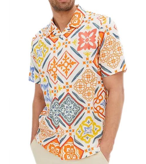 Men's cotton shirt with summery all-over print short-sleeved shirt summer shirt holiday shirt 949091 white/red/orange/yellow