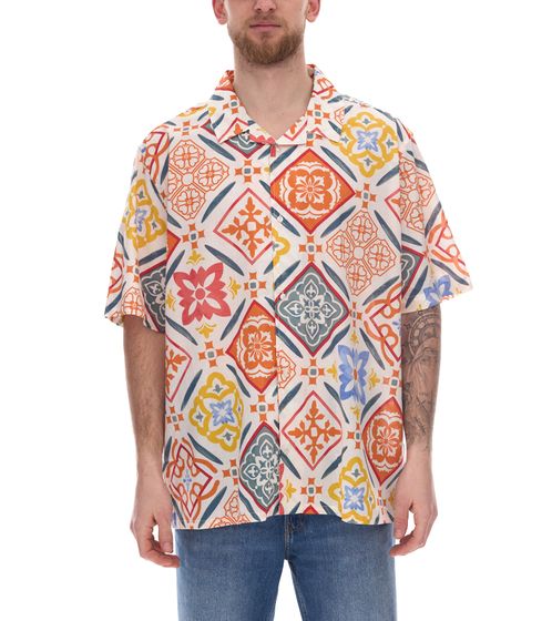 Chemise en coton pour hommes avec imprimé all-over d'été, chemise à manches courtes, chemise d'été, chemise de vacances 949091 blanc/rouge/orange/jaune