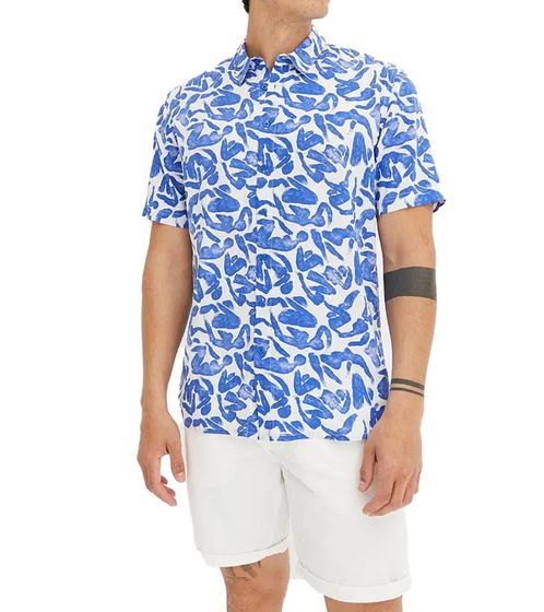 Men's Viscose Shirt Short Sleeve Shirt with Floral Print Summer Shirt Holiday Shirt 945910 White/Blue