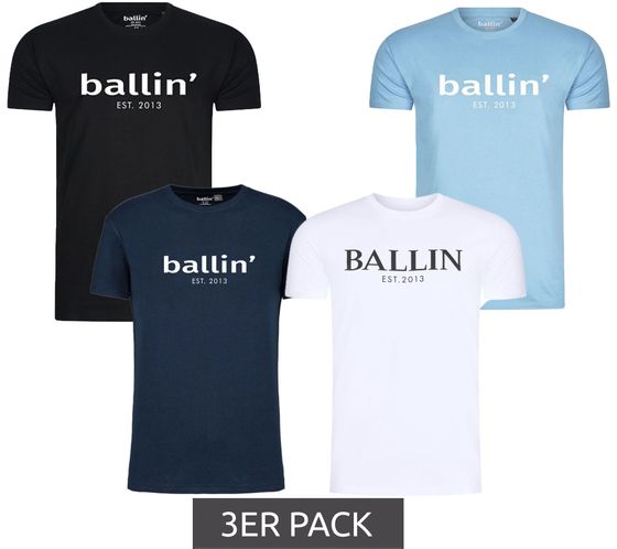 3er Pack Ballin Est. 2013 Herren nachhaltiges Baumwoll-Shirt mit Logo-Print auf der Front Kurzarm-Shirt SH-REG-H050 Weiß, Navy, Hellblau oder Schwarz