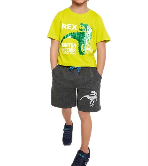 stylish children's set with T-Rex print for boys cotton shirt with shorts 906178 gray/green