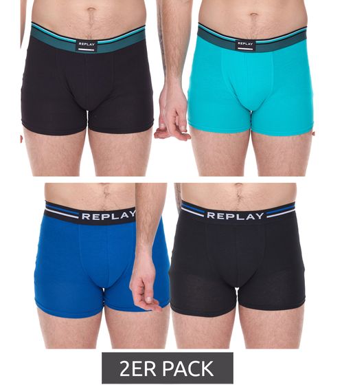 2er Pack REPLAY Herren Retro Boxershorts Baumwoll-Unterwäsche Schwarz/Türkis oder Schwarz/Blau