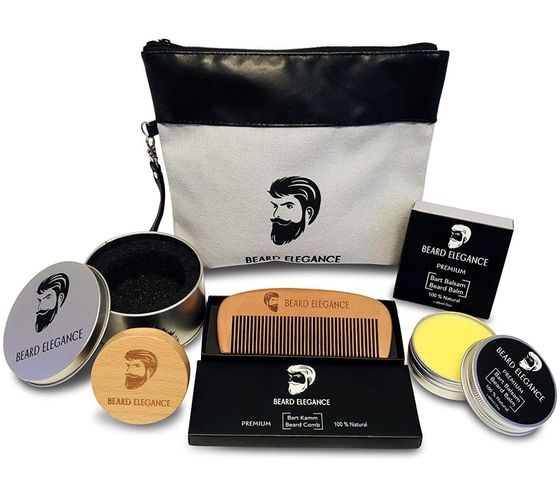 BEARD ELEGANCE Smooth-Style men's beard care set consisting of a cosmetic bag, wooden comb, beard balm, round brush in a silver tin