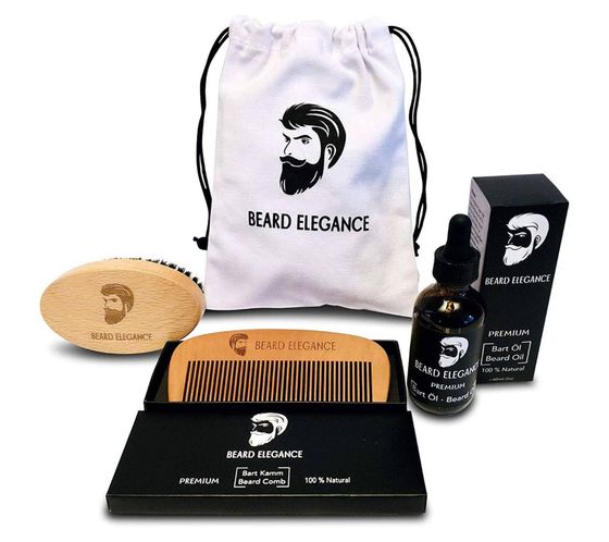 BEARD ELEGANCE Soft-Style men's beard care set consisting of an oval brush, wooden beard comb, beard oil, small fabric bag gift set for men