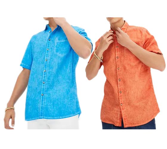 Camisa de manga corta para hombre con parte de lino, camisa de verano con aspecto vintage, camisa de vacaciones en naranja o azul