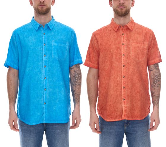 Chemise à manches courtes pour hommes avec partie en lin, chemise d'été au look vintage, chemise de vacances en orange ou bleu