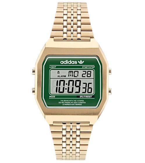 adidas Orologio digitale da uomo con funzioni di cronometraggio Orologio in acciaio inossidabile stile retrò anni '80 Resistenza all'acqua 5 ATM ST22071 Oro/Verde