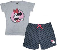 Disney Minnie Mouse oder PEANUTS Snoopy Damen Shorty Baumwoll-Pyjama kurze Hose T-Shirt mit Minnie Mouse-Print oder Snoopy-Print Grau/Schwarz oder Rosa/Weiß