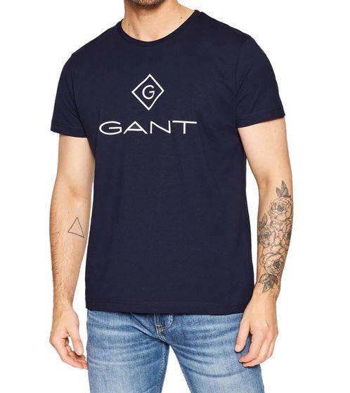 GANT Herren T-Shirt mit großem Marken-Print Baumwoll-Shirt Rundhals-Shirt 2023000 433 Navy