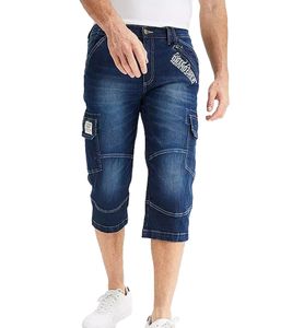 jean 3/4 classique pour homme coupe ample, short cargo avec imprimé lettrage, pantalon en jean 931228 bleu foncé