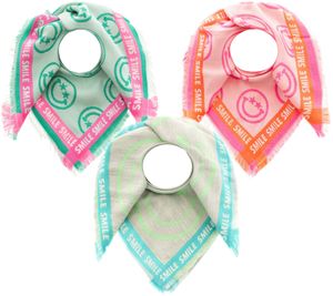 Foulard carré ZWILLINGSHERZ Happy Smiley avec inscription et motif foulard mode 3014A-1003 en vert/rose, rose/orange ou gris/turquoise