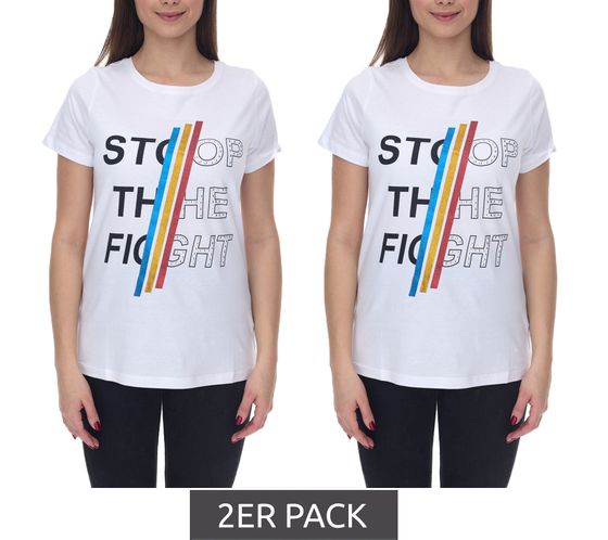 Lot de 2 T-shirts à manches courtes Aniston CASUAL en coton pour femme avec inscription STOP THE FIGHT 2281 4642 Blanc