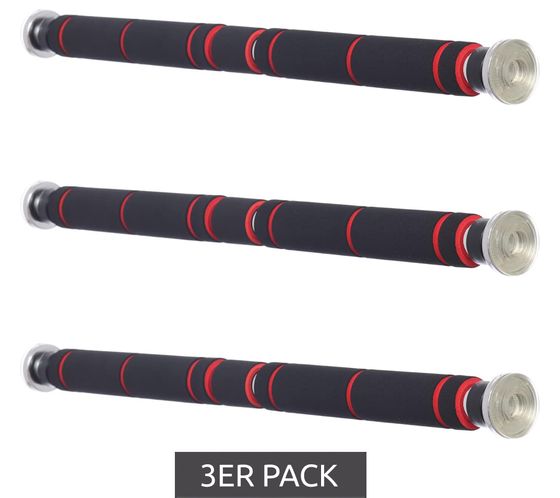 Pack de 3 barras de dominadas matatasports de ZWILLINGSHERZ con almohadilla para las manos, barra para puerta sin tornillos, barra horizontal, marco para puerta, bicicleta estática deportiva, 61-100 cm, acero inoxidable, negro/rojo