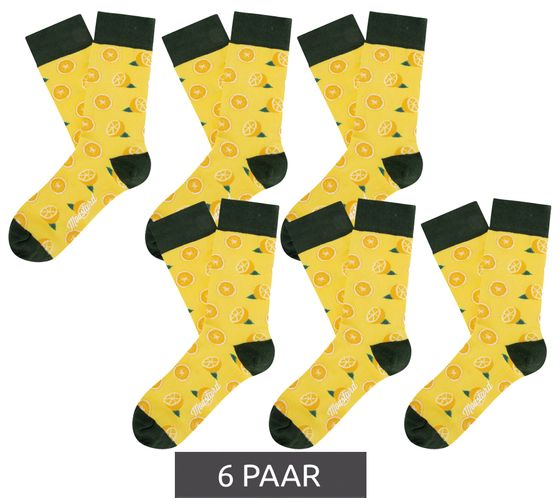 6 pairs of Moustard Lemon women's cotton socks with lemon all-over print patterned long socks 17S-Lemon-M yellow/green