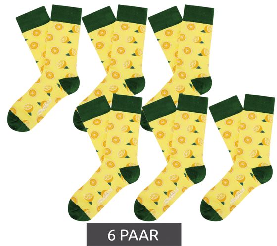 6 Paar Moustard Lemon Damen Baumwoll-Socken mit Zitronen Allover-Print gemusterte lange Strümpfe 17S-Lemon Gelb/Grün