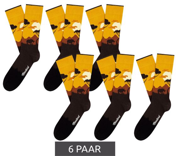 6 Paar Moustard Savanna Herren Baumwoll-Socken mit Savannen Allover-Print gemusterte lange Strümpfe 19S-GIR Orange/Braun/Schwarz