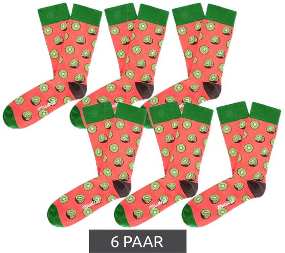 6 Paar Moustard Damen Baumwoll-Socken mit Kiwi Allover-Print gemusterte lange Strümpfe 17S-KIWI Grün/Braun/Rosa