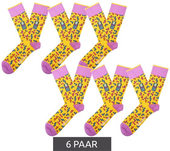 6 pairs of Moustard Tetris cotton socks with all-over print in retro gameplay design patterned long socks 22S-TETRIS yellow/blue/pink/purple