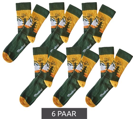 6 Paar Moustard Samurai Baumwoll-Socken mit Silhouette eines Samurai Kämpfers gemusterte lange Strümpfe 22S-SAMU Gelb/Orange/Weiß