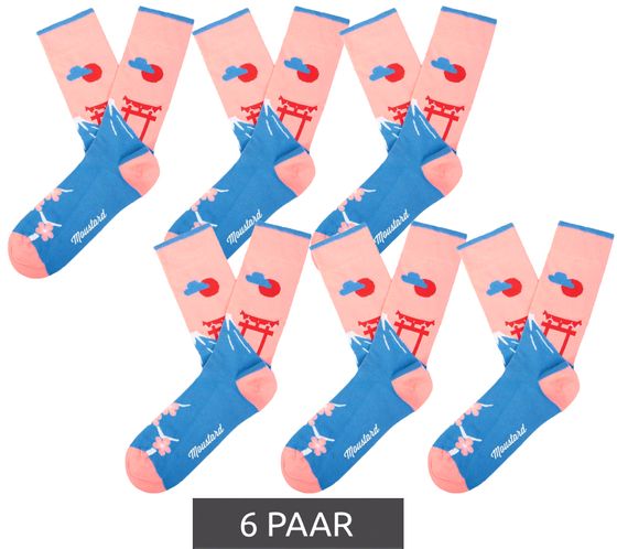 6 pairs of Moustard cotton socks with a light cherry blossom pattern, patterned long socks 22S-FUJI pink/blue/red/white