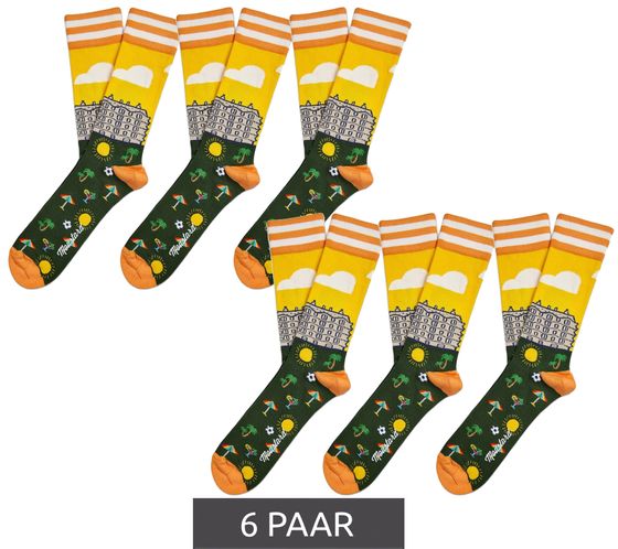 6 pairs of Moustard Barcelona men's cotton socks with Barcelona skyline all-over print, striped and patterned long socks 17S-BCN green/orange/yellow