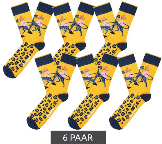 6 Paar Moustard Leopard Baumwoll-Socken Leoparden Design und Musterung gemusterte lange Strümpfe 20S-JACK 22S-LEO Blau/Gelb/Rosa