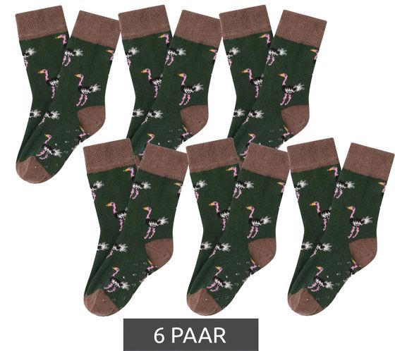 6 Paar Moustard Kinder Baumwoll-Socken mit Straußen Allover-Print gemusterte Stopper-Socken Baby-Socken 20S-OSTR-1224 Hellbraun/Grün/Rosa