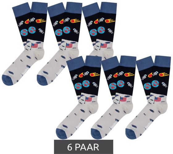 6 pairs of Moustard Moon Landing Astronaut men's cotton socks with space print patterned long socks 17S-MOON light blue/grey