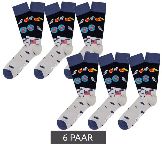 6 pares de calcetines de algodón para hombre con estampado de astronauta del alunizaje en color mostaza y estampado espacial, largos, color azul oscuro y gris