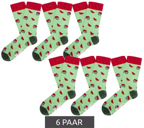 6 pairs of Moustard Watermelon men's cotton socks with watermelon all-over print patterned long socks 17S-wmelon light green/dark green/red