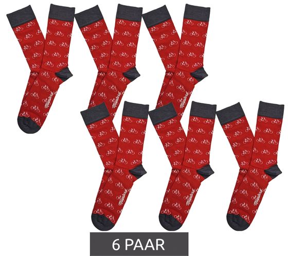 6 pairs of Moustard Bicycle men's cotton socks with bicycle all-over print patterned long socks 16S-AMS red/grey/white