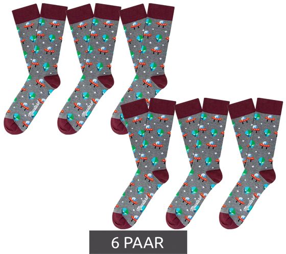 6 Paar Moustard Alien Herren Baumwoll-Socken mit Alien und Ufo Allover-Print gemusterte lange Strümpfe 17S-ALIEN Dunkelrot/Grau