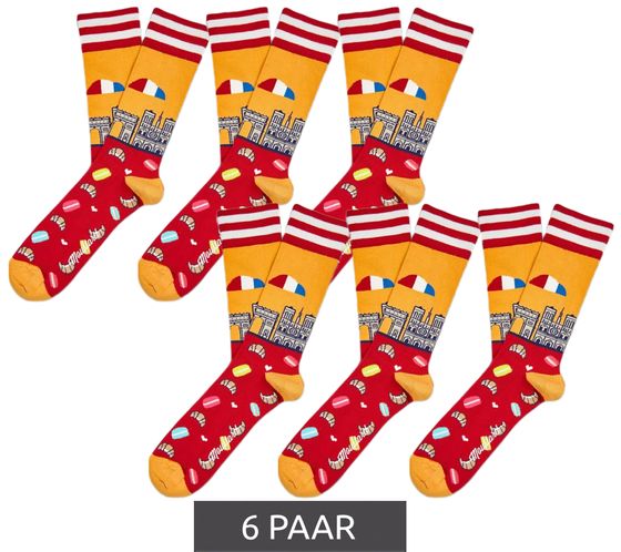 6 pairs of Moustard Paris men's cotton socks with Paris skyline all-over print, striped and patterned long socks 17S-PARIS red/yellow/white