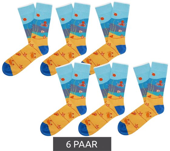 6 pairs of Moustard Coral life cotton socks, beach design with sea creatures, patterned long socks 19S-COR light blue/dark blue/orange