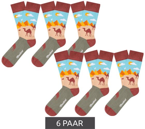 6 pairs of Moustard Pyramids and Camels cotton socks Desert design with pyramids and camels patterned long socks 20S-PYRAM light blue/red/beige