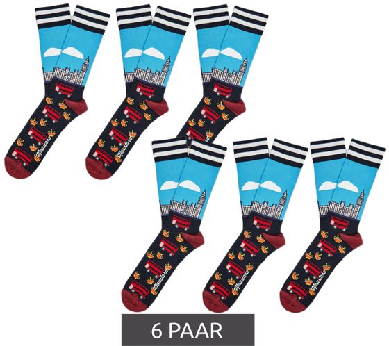 6 pairs of Moustard London men's cotton socks with London skyline all-over print, striped and patterned long socks 17S-LONDON dark blue/red/white