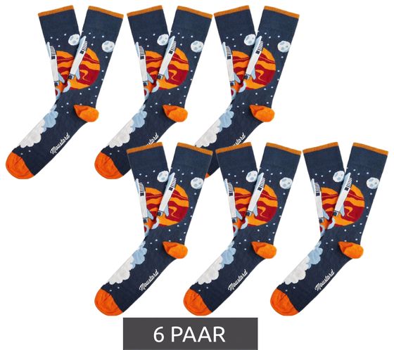 6 pares de calcetines de algodón para hombre Moustard Mars Starship con estampado de espacio y cohetes, calcetines largos 21S-STARS-W naranja/azul oscuro