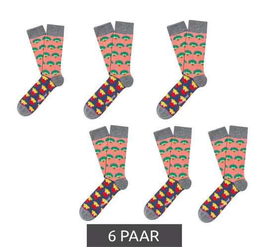 6 pares de calcetines de algodón para hombre con estampado integral de brócoli y patatas fritas, color mostaza, 18S-BROC, gris, rosa y amarillo