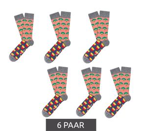 6 Paar Moustard Broccoli vs Fries Herren Baumwoll-Socken mit Pommes und Brokkoli Allover-Print gemusterte lange Strümpfe 18S-BROC Grau/Rosa/Gelb