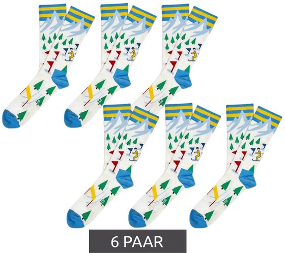 6 pares de calcetines de algodón para hombre Moustard Ski con estampado de pistas de esquí, calcetines largos 17S-SKI Blanco/Azul claro/Rojo/Verde