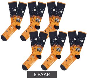 6 pairs of Moustard men's cotton socks with Mars space print patterned long socks 21S-MART black/orange/brown