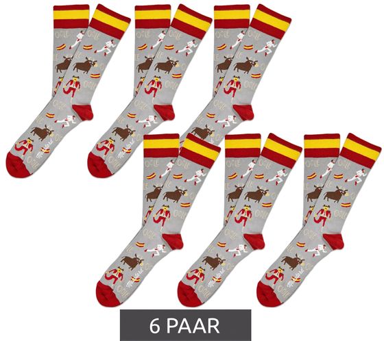 6 Paar Moustard San Fermin Baumwoll-Socken mit Stierkampf-Symbolen und Spanien-Flagge am Bund gemusterte lange Strümpfe 17SSFER Grau/Rot/Gelb