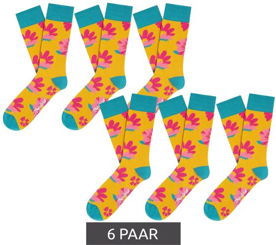 6 Paar Moustard Witty lily yellow flower Baumwoll-Socken mit Blumen-Print gemusterte lange Strümpfe 19S-YFLOW Türkis/Orange/Rosa