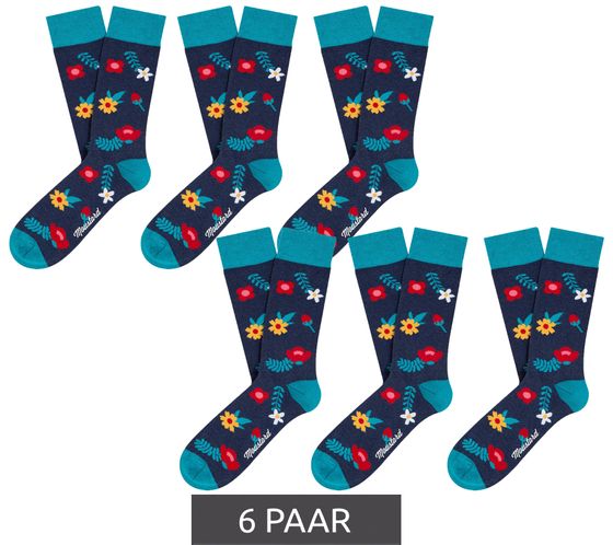 6 Paar Moustard Blue Blossom Baumwoll-Socken mit Blumen gemusterte lange Strümpfe 19S-BFLW Blau/Türkis/Bunt