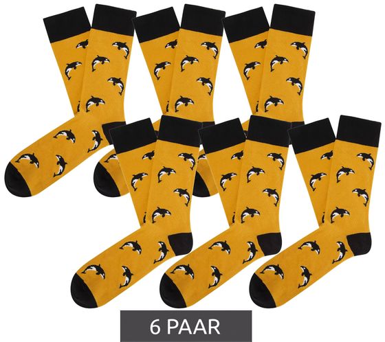 6 pairs of Moustard Orca cotton socks with orca whale patterned long socks 18S-ORCA orange yellow/black/white